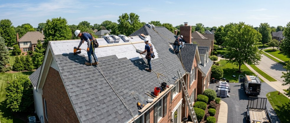 Roofers installing asphalt shingles on a large residential home roof in a suburban neighborhood